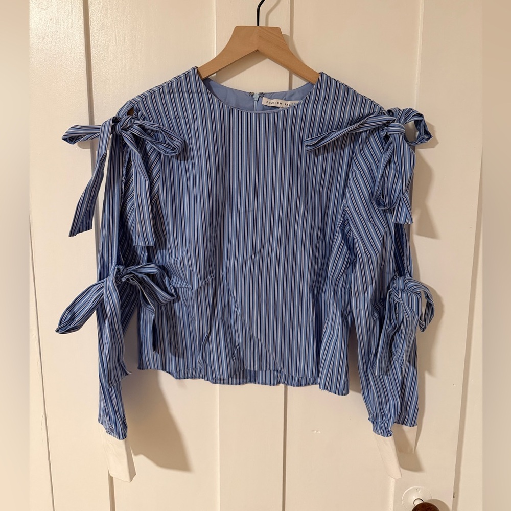 English Factory Blue Striped Blouse with Bow Accents NWOT